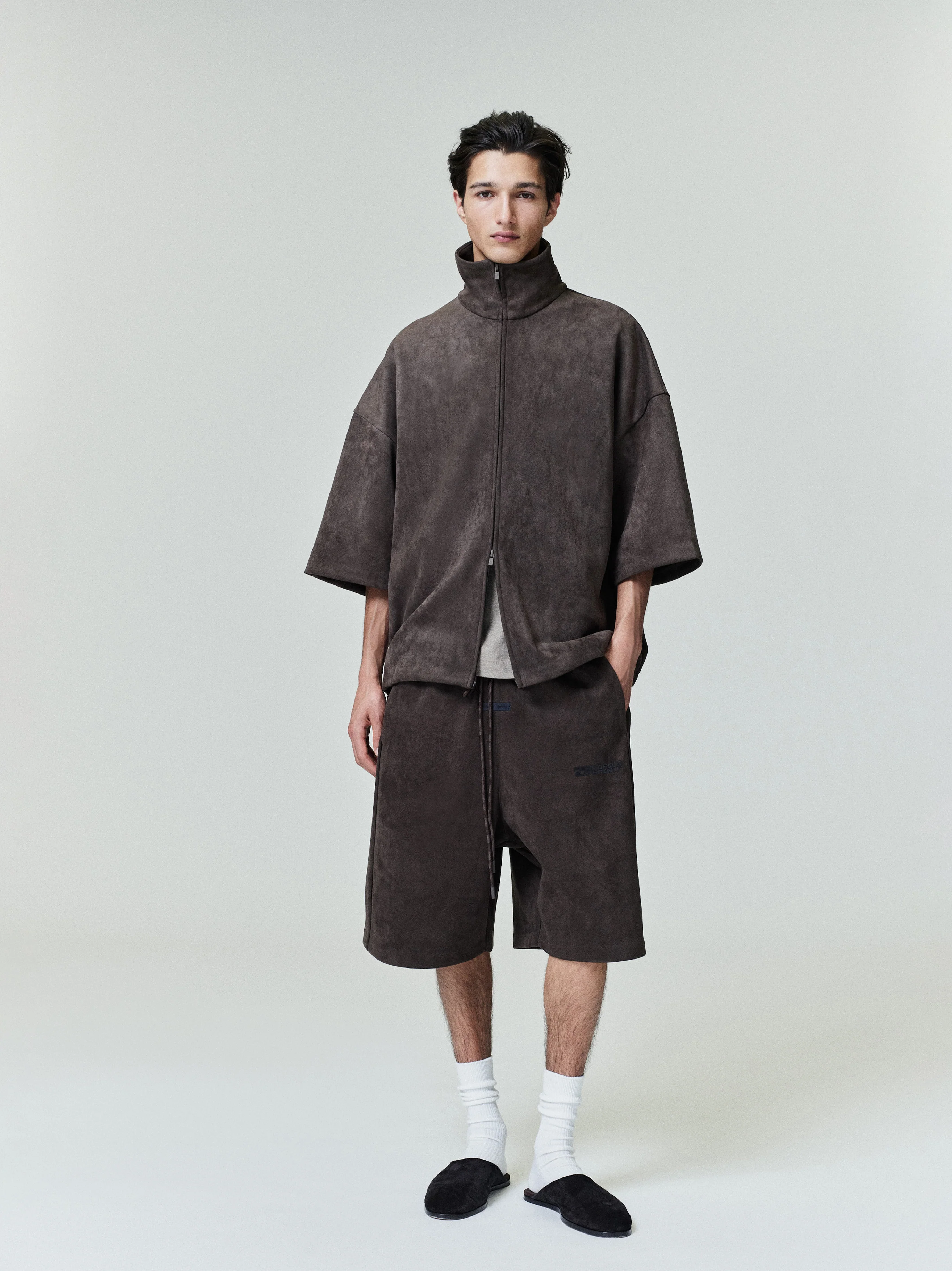 Suede Fleece High Neck 3/4 Sleeve Jacket - Image 3