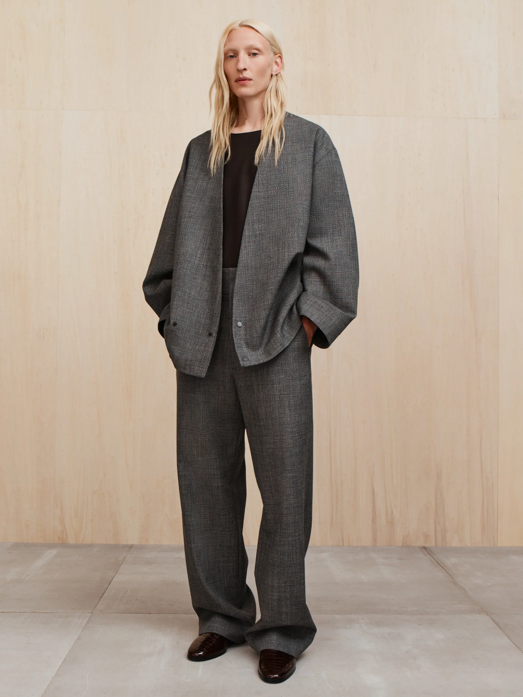 Mouline Wool Relaxed Lapelless Jacket - Image 3