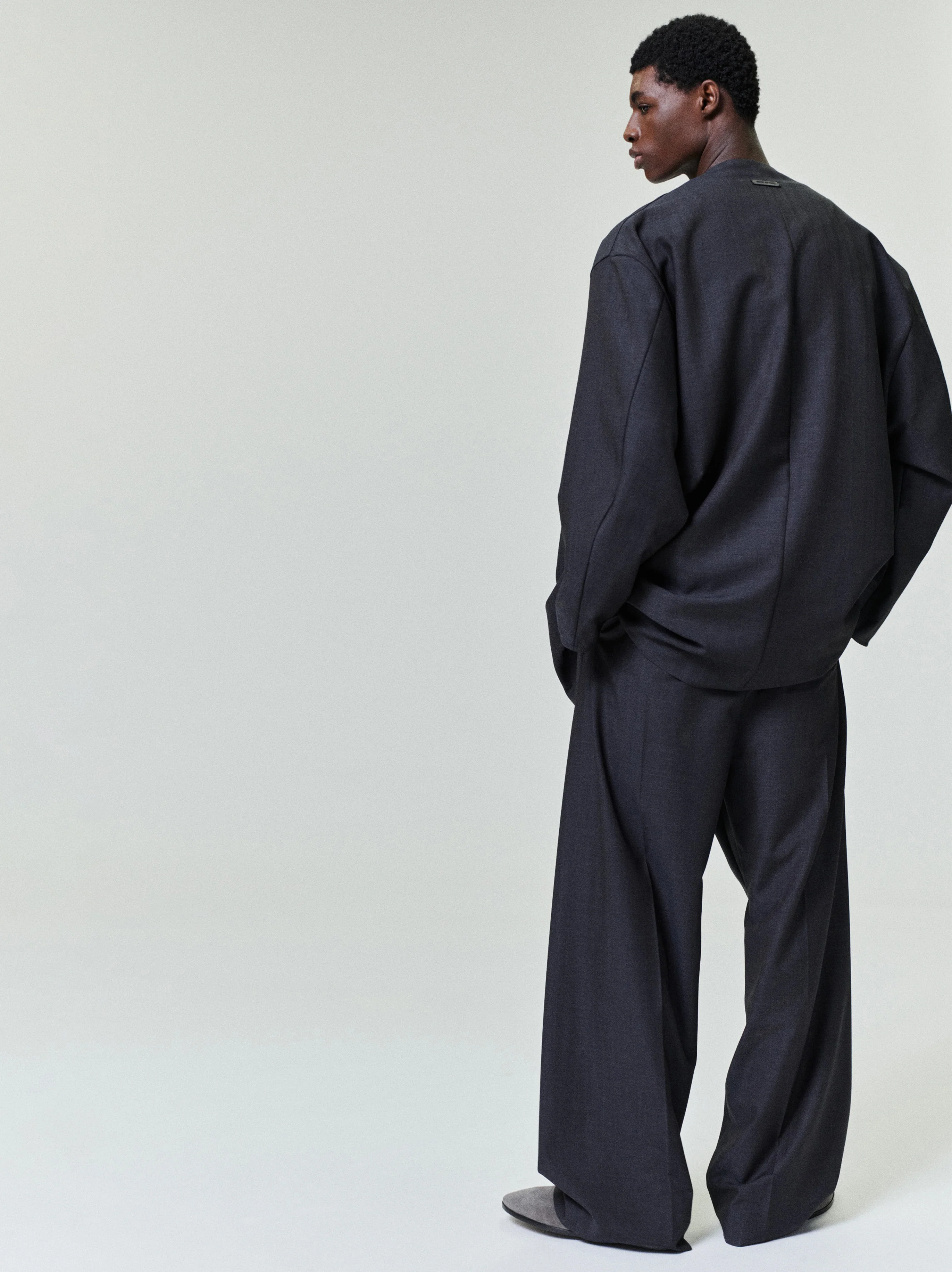 Grey Striped Wool Wide Leg Drawstring Pants - Image 3